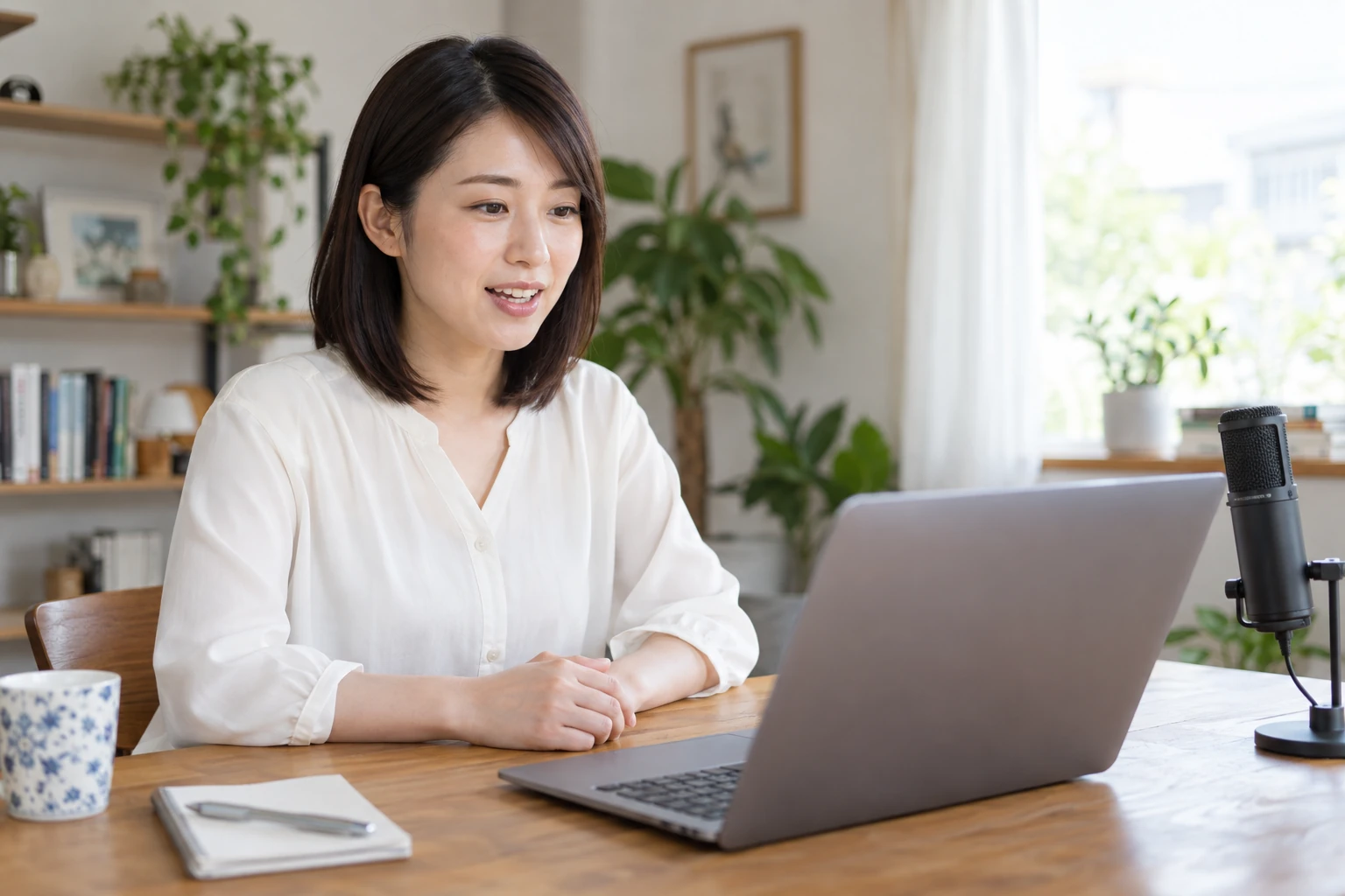 自宅でノートパソコンに向かって話し方を練習する女性