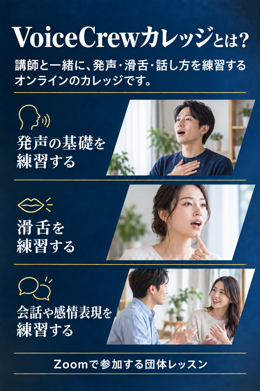 講師と一緒に、発声・滑舌・話し方を練習するオンラインのカレッジです。発声の基礎を練習する。滑舌を練習する。会話や感情表現を練習する。Zoomで参加する団体レッスン。